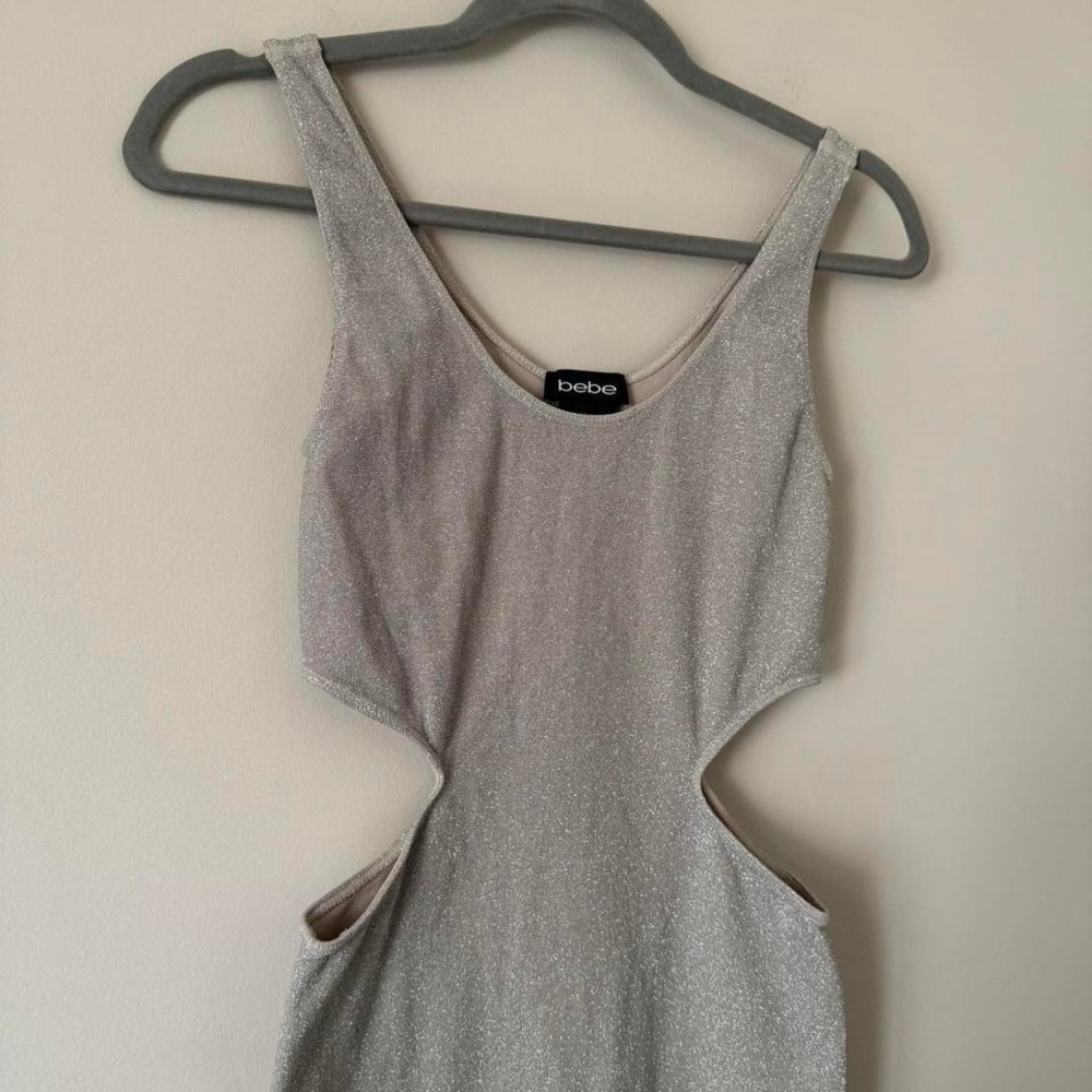 Y2K Bebe Bodycon Cutout Silver Metallic Mini Dress - Picture 3 of 5